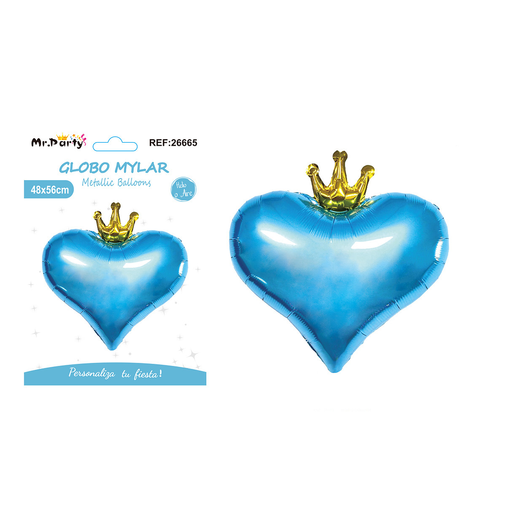 Globo metálico azul claro corazón con corona 48*56cm