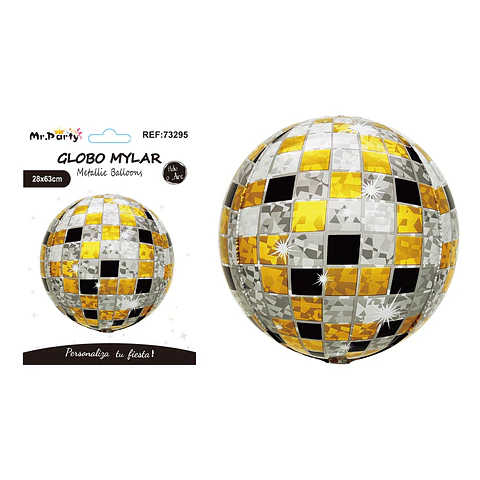 Globo metálico bola disco 4D dorado, negro y plateado 56cm