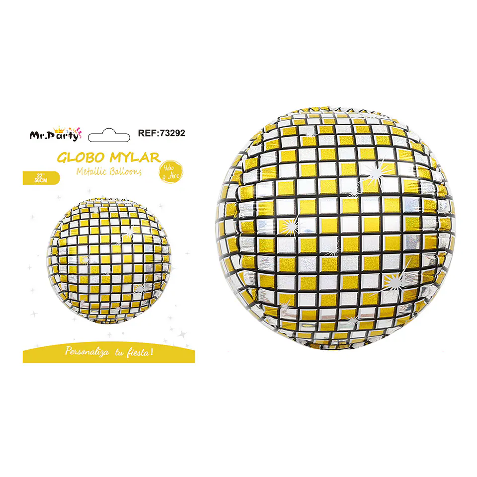 Globo metálico bola disco 4D dorado y plateado 56cm 1