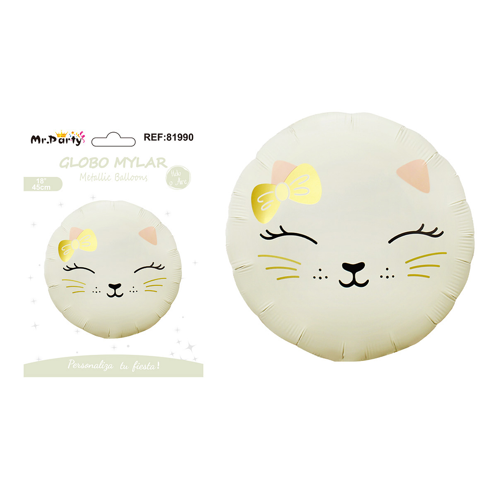 Globo metálico gato redondo mate blanco crema 43*43cm