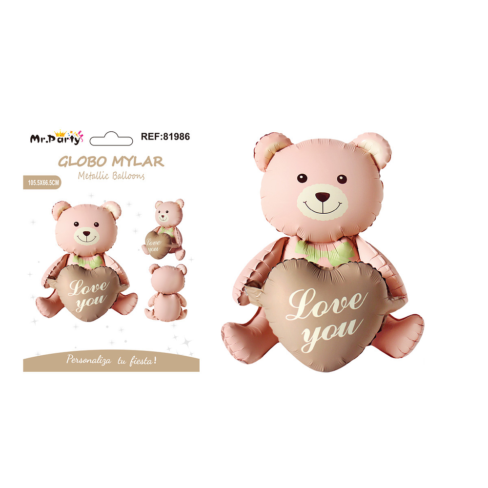Globo metálico oso con corazón mate rosa naranja y marrón 105.5*66.5cm