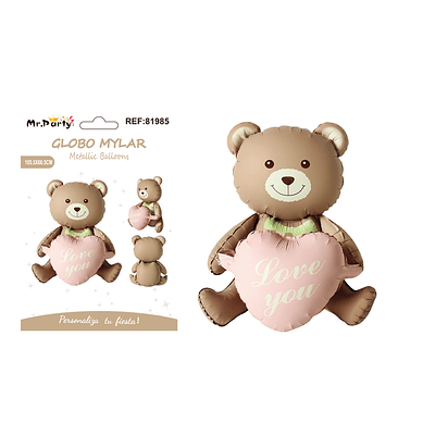 Globo metálico oso con corazón mate marrón y rosa 105.5*66.5cm