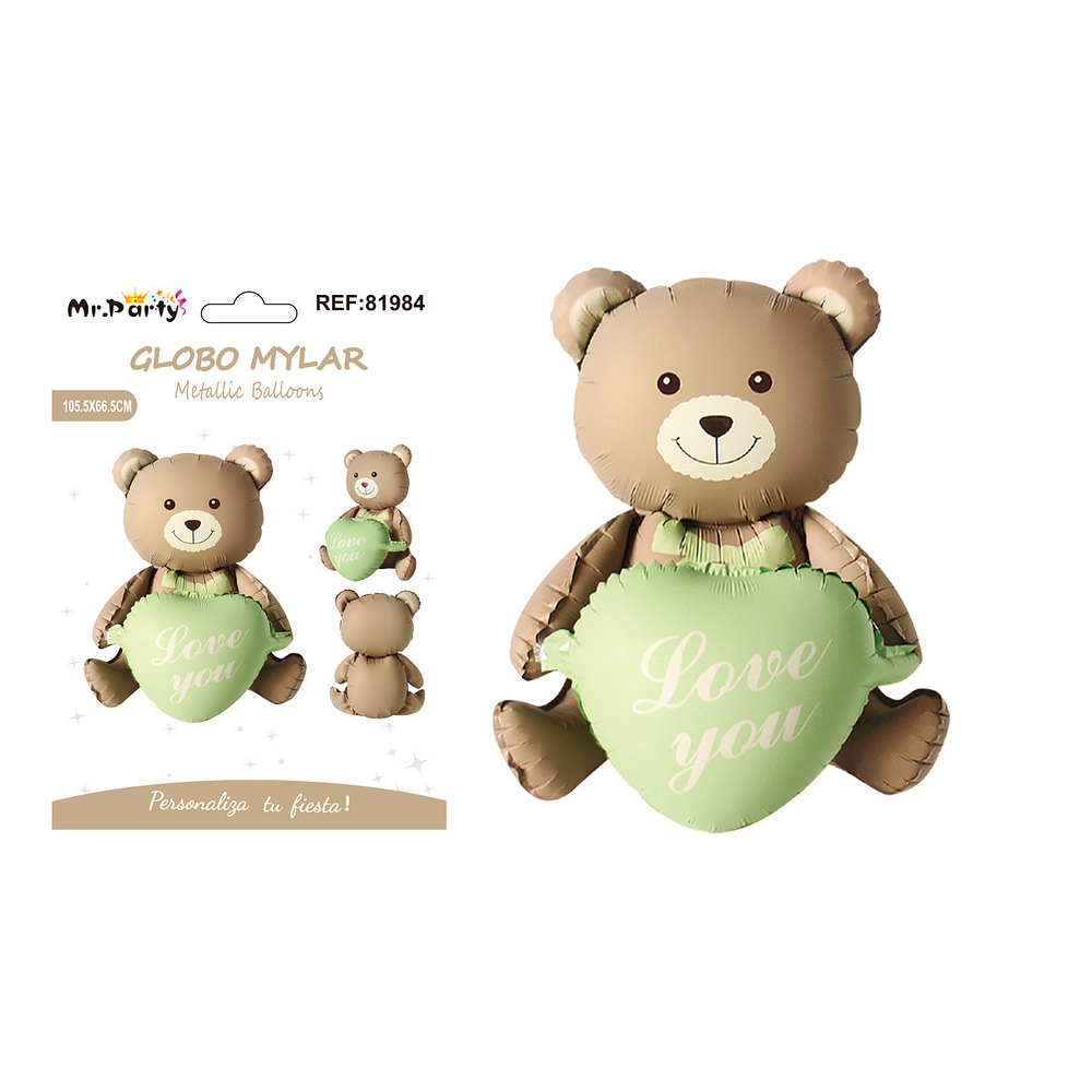 Globo metálico oso con corazón mate marrón y verde 105.5*66.5cm