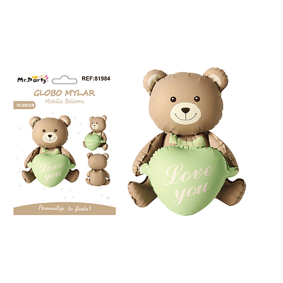 Globo metálico oso con corazón mate marrón y verde 105.5*66.5cm
