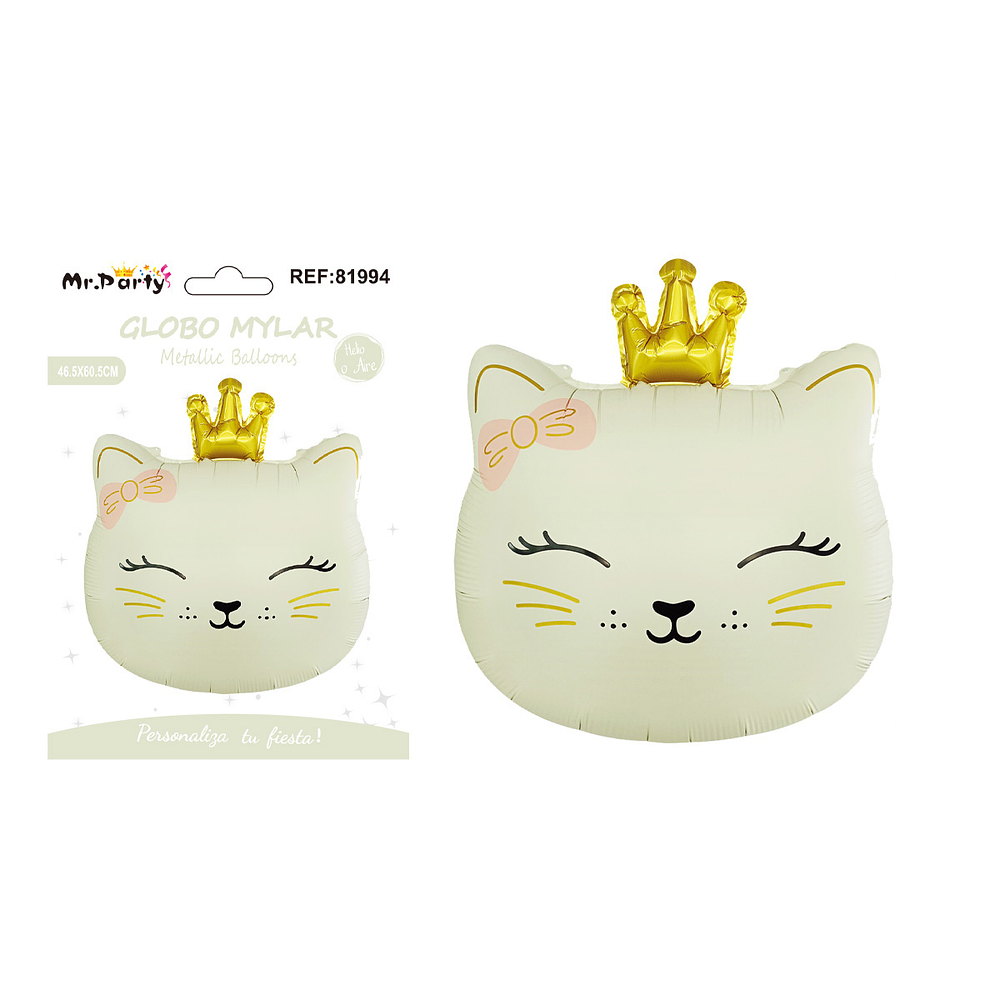 Globo metálico gato con corona mate blanco crema 46.5*60.5cm