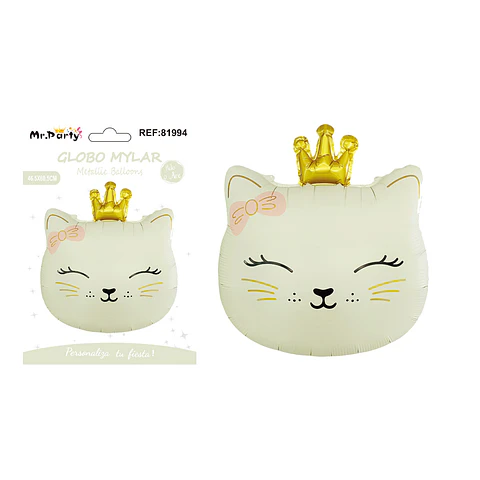 Globo metálico gato con corona mate blanco crema 46.5*60.5cm