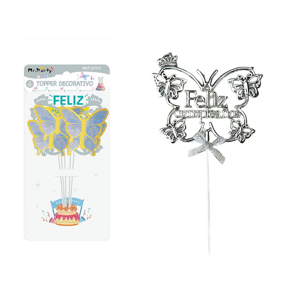 Cake Topper Feliz cumpleaños mariposa plástico plateado 5pcs