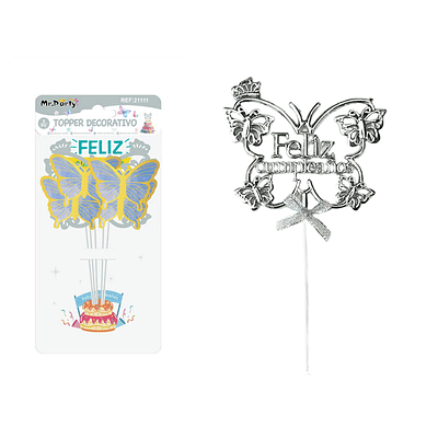 Cake Topper Feliz cumpleaños mariposa plástico plateado 5pcs