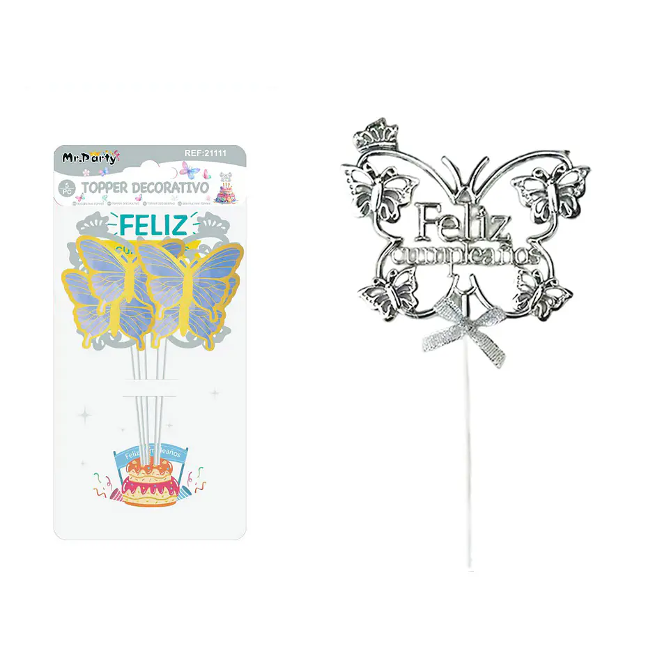Cake Topper Feliz cumpleaños mariposa plástico plateado 5pcs 1