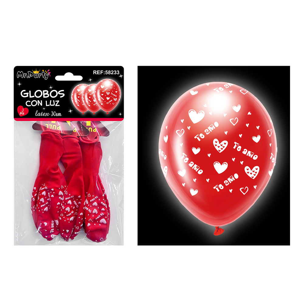 Globos rojos Te Amo con luz 30cm 3pcs