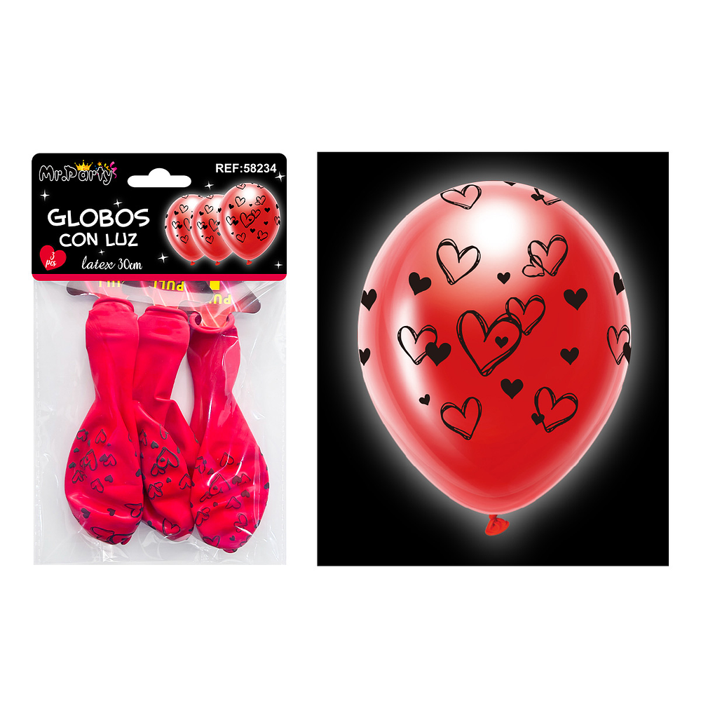 Globos rojos con corazón con luz 30cm 3pcs