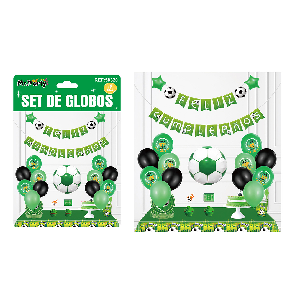 Set de globos látex y guirnalda de fútbol 18pcs
