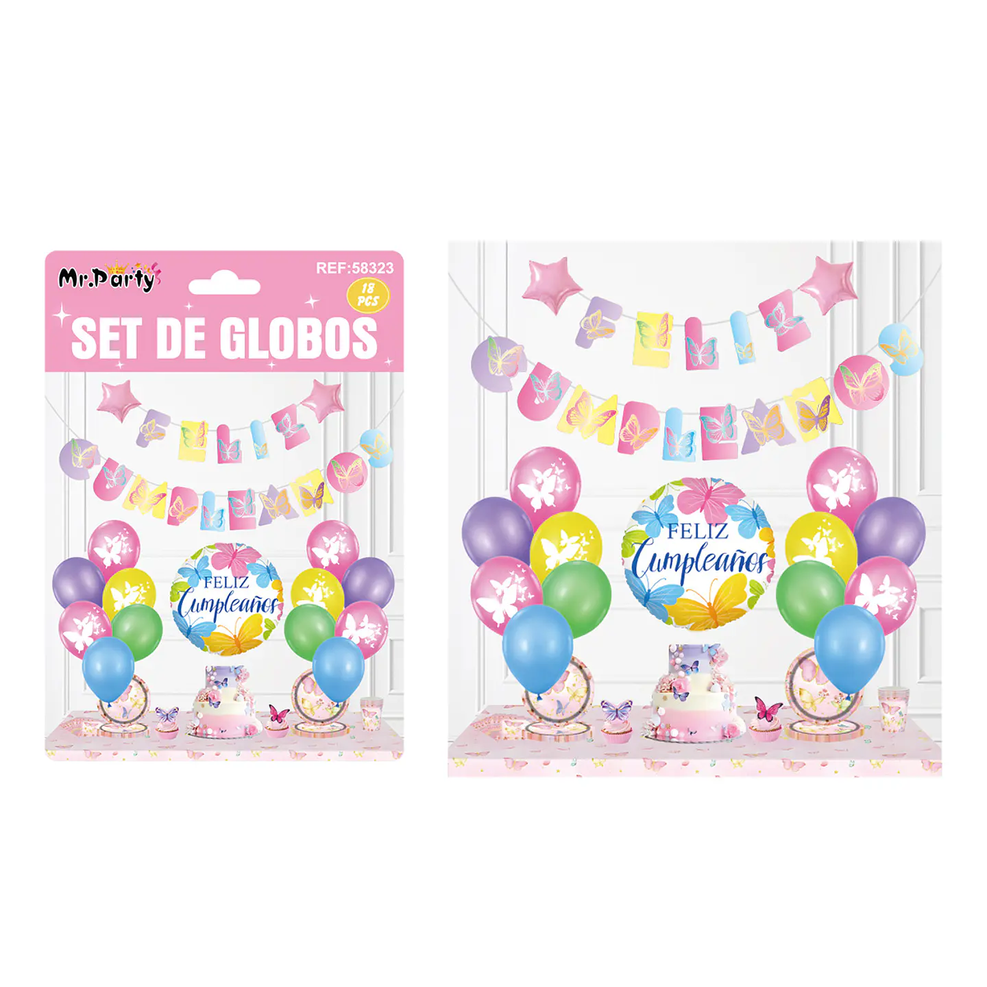 Set de globos látex y guirnalda de mariposa 18pcs 1