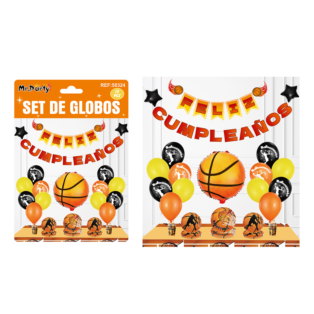 Set de globos látex y guirnalda de baloncesto 18pcs