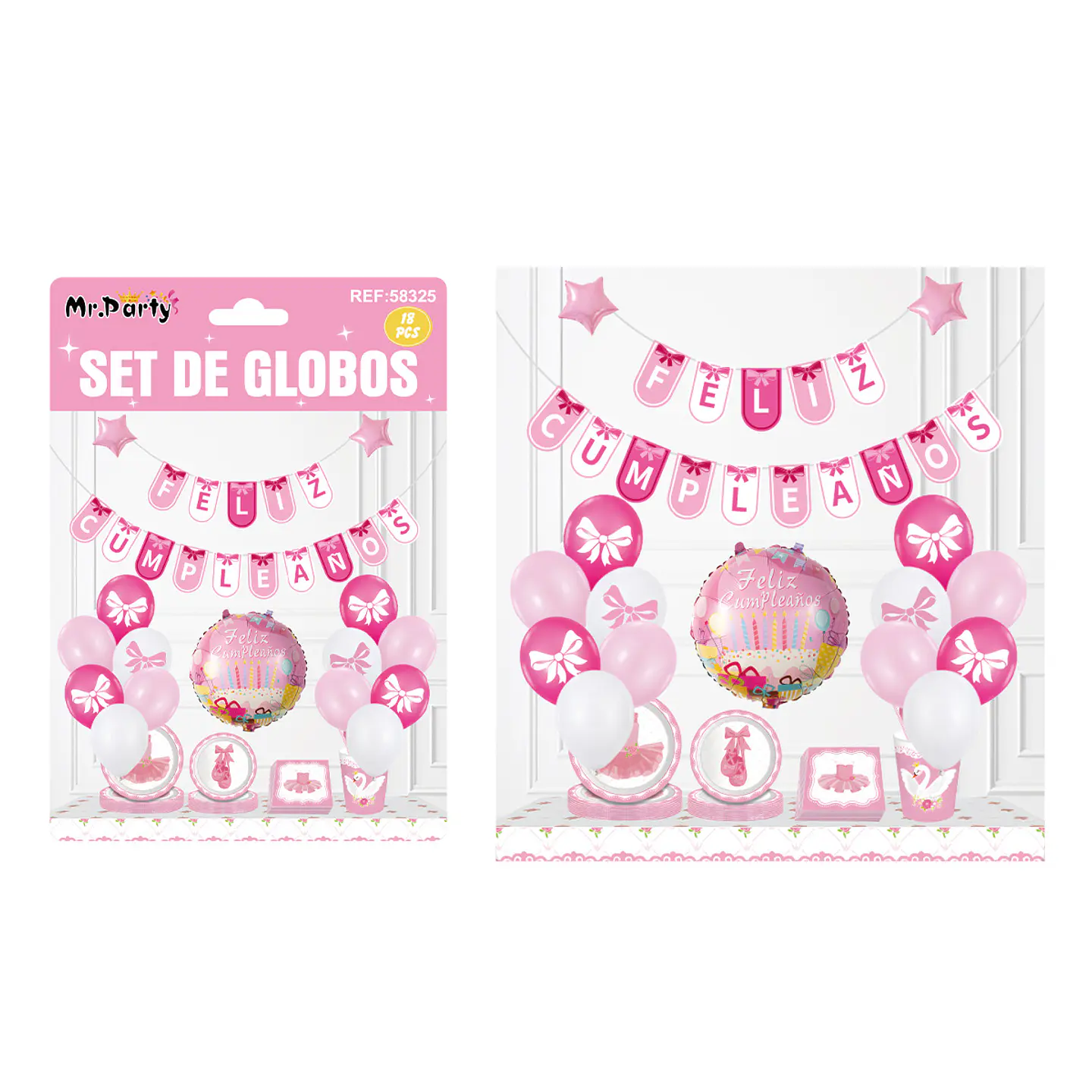 Set de globos látex y guirnalda de lazo rosado 18pcs 1