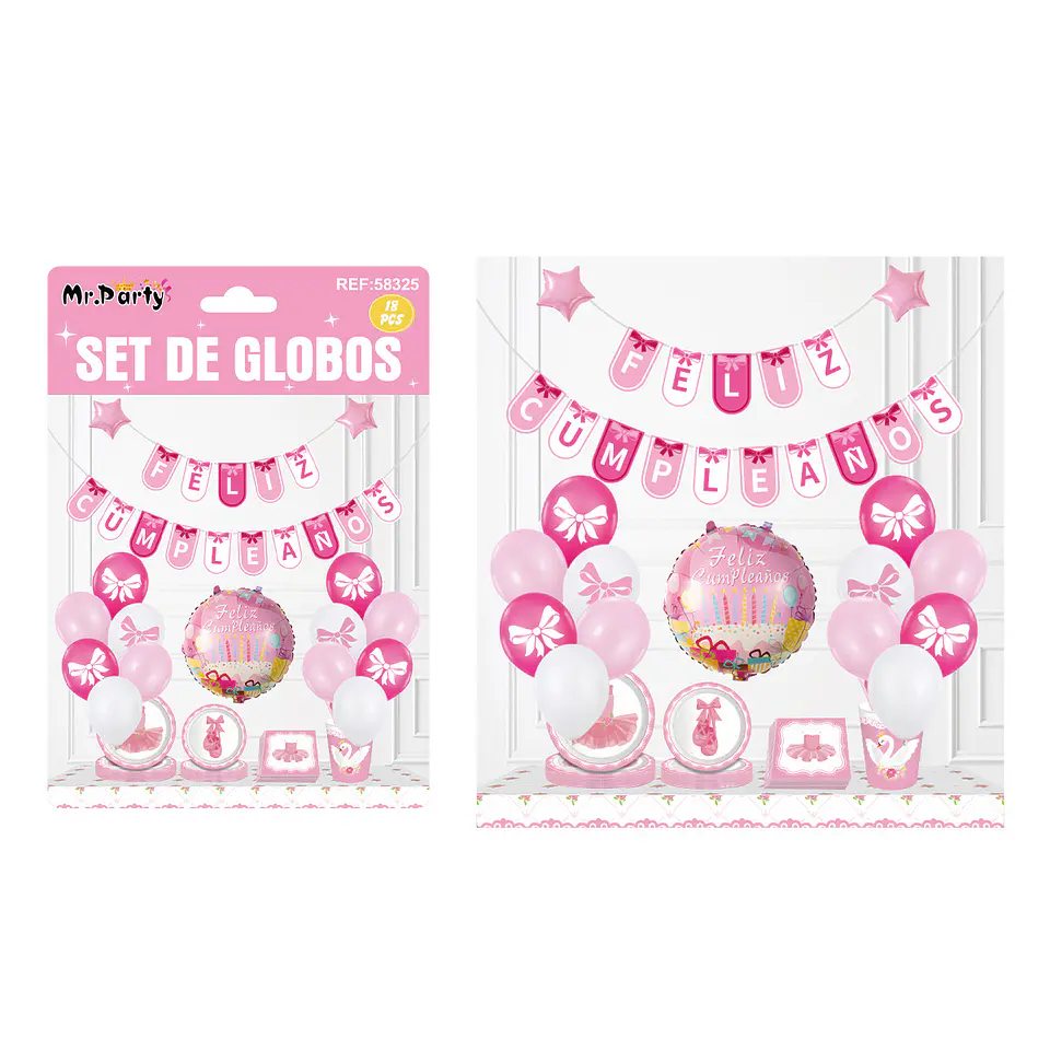 Set de globos látex y guirnalda de lazo rosado 18pcs 1