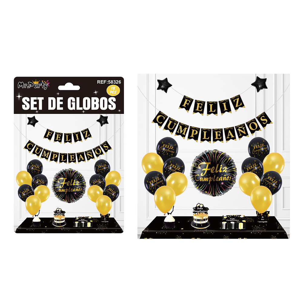 Set de globos látex y guirnalda negro y dorado 18pcs