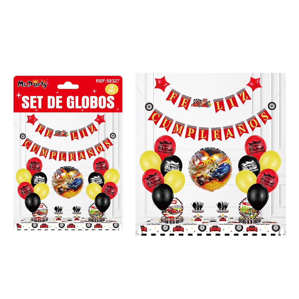 Set de globos látex y guirnalda de carrera de autos 18pcs