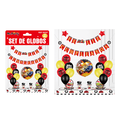 Set de globos látex y guirnalda de carrera de autos 18pcs