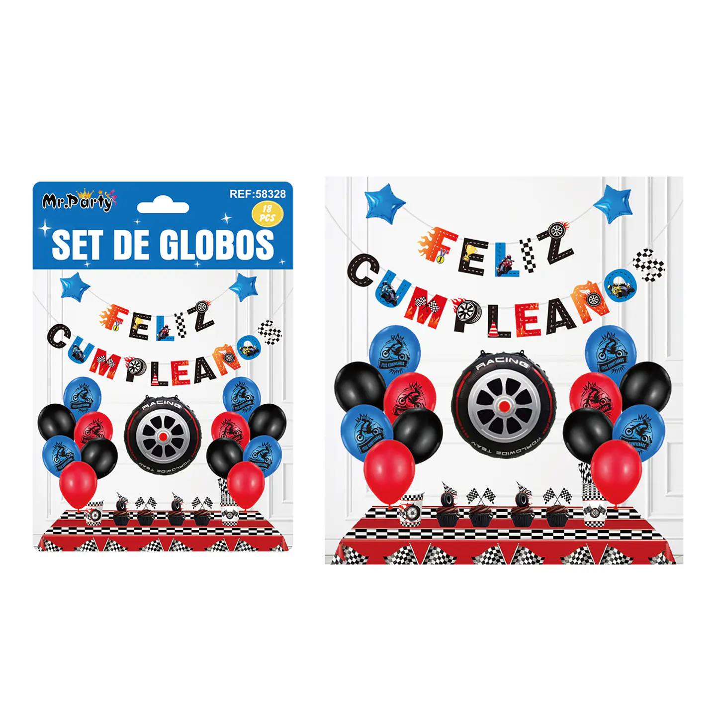 Set de globos látex y guirnalda de llanta de carrera 18pcs 1