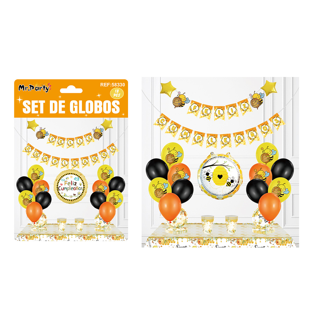 Set de globos látex con guirnalda de abeja 18pcs