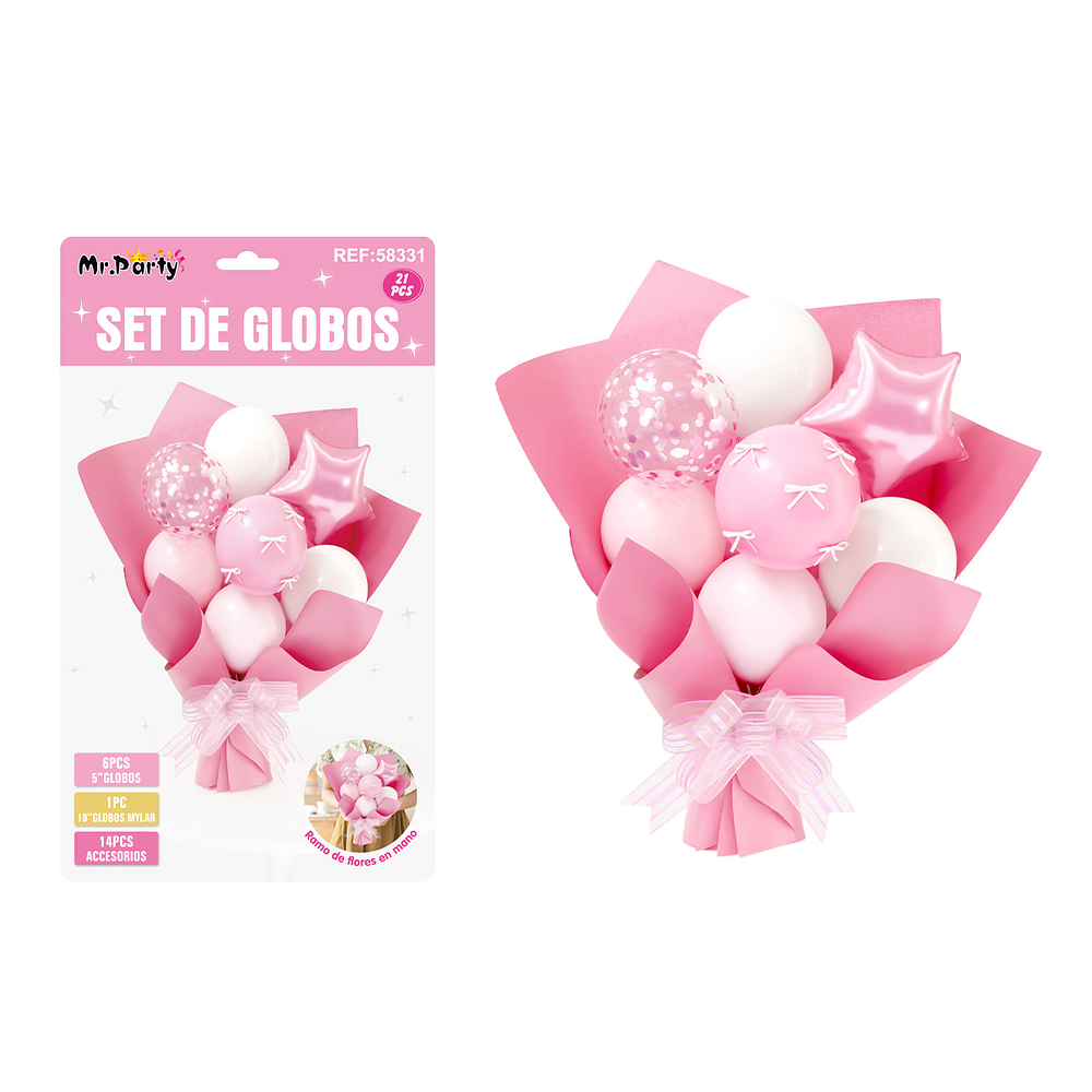 Set de globos látex tipo ramo rosa 21pcs