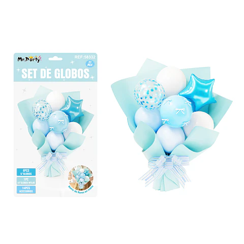 Set de globos látex tipo ramo celeste 21pcs