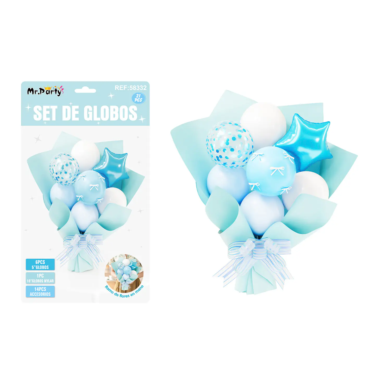 Set de globos látex tipo ramo celeste 21pcs 1