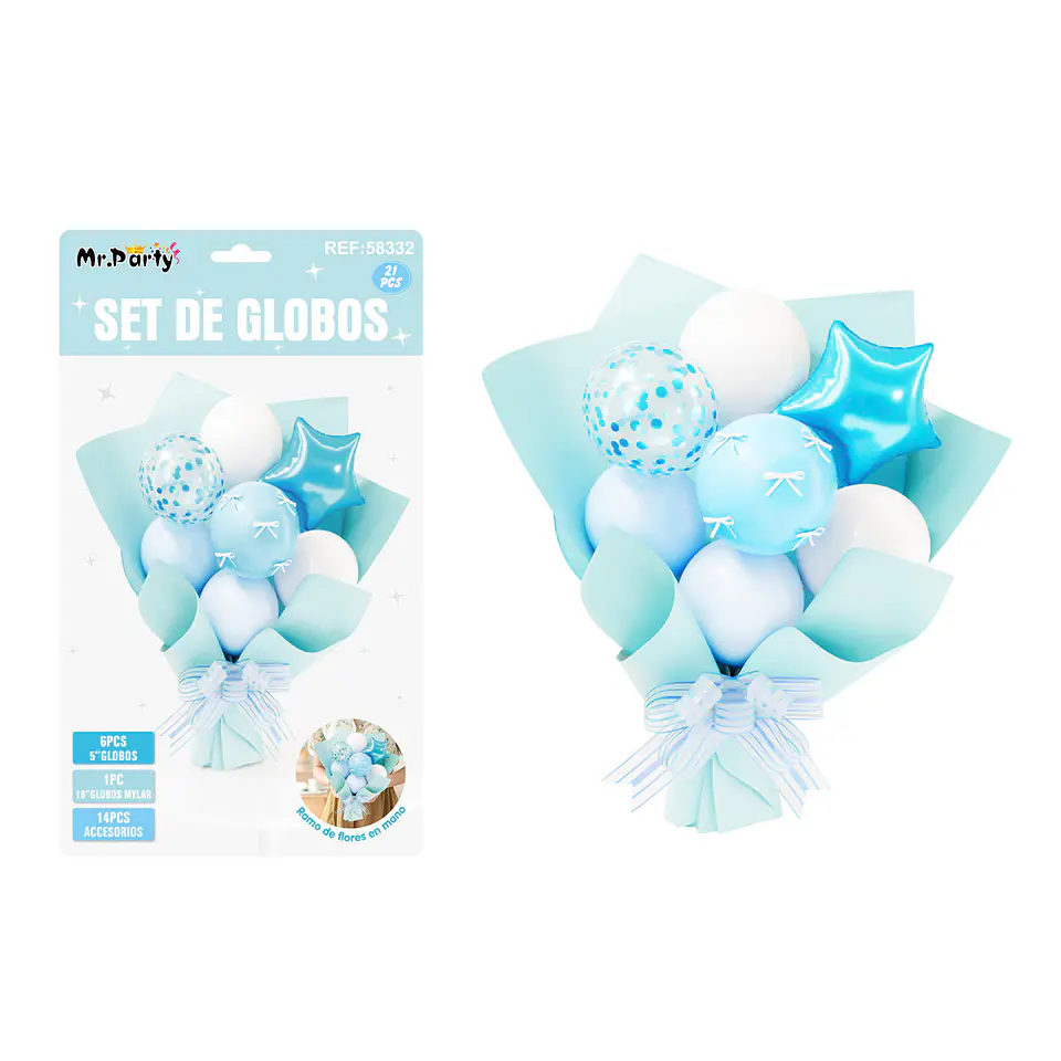 Set de globos látex tipo ramo celeste 21pcs 1