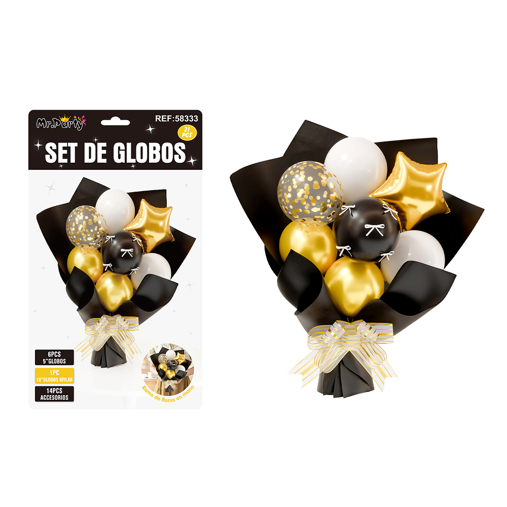 Set de globos látex tipo ramo negro y dorado 21pcs