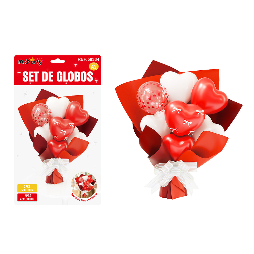 Set de globos látex tipo ramo rojo y blanco 20pcs