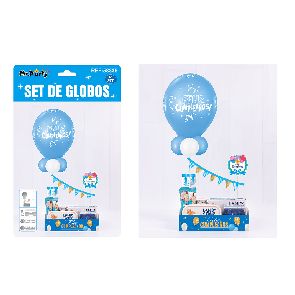Set de globos látex con soporte de caja solo color celeste 16pcs