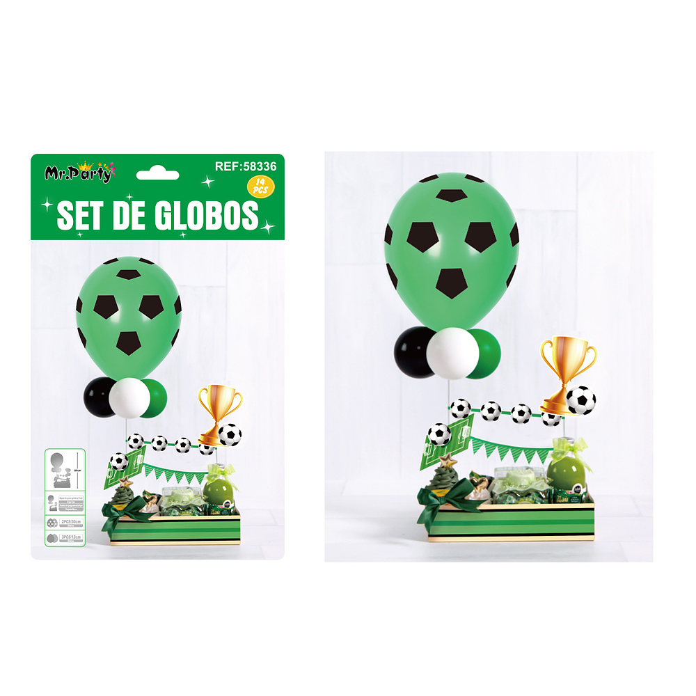 Set de globos látex con soporte de caja solo tema fútbol 14pcs