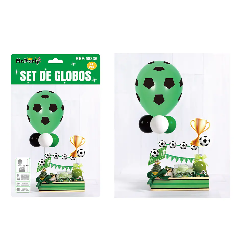 Set de globos látex con soporte de caja solo tema fútbol 14pcs 1
