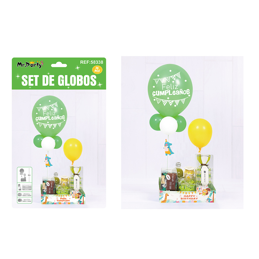 Set de globos látex con soporte de caja solo color verde 16pcs