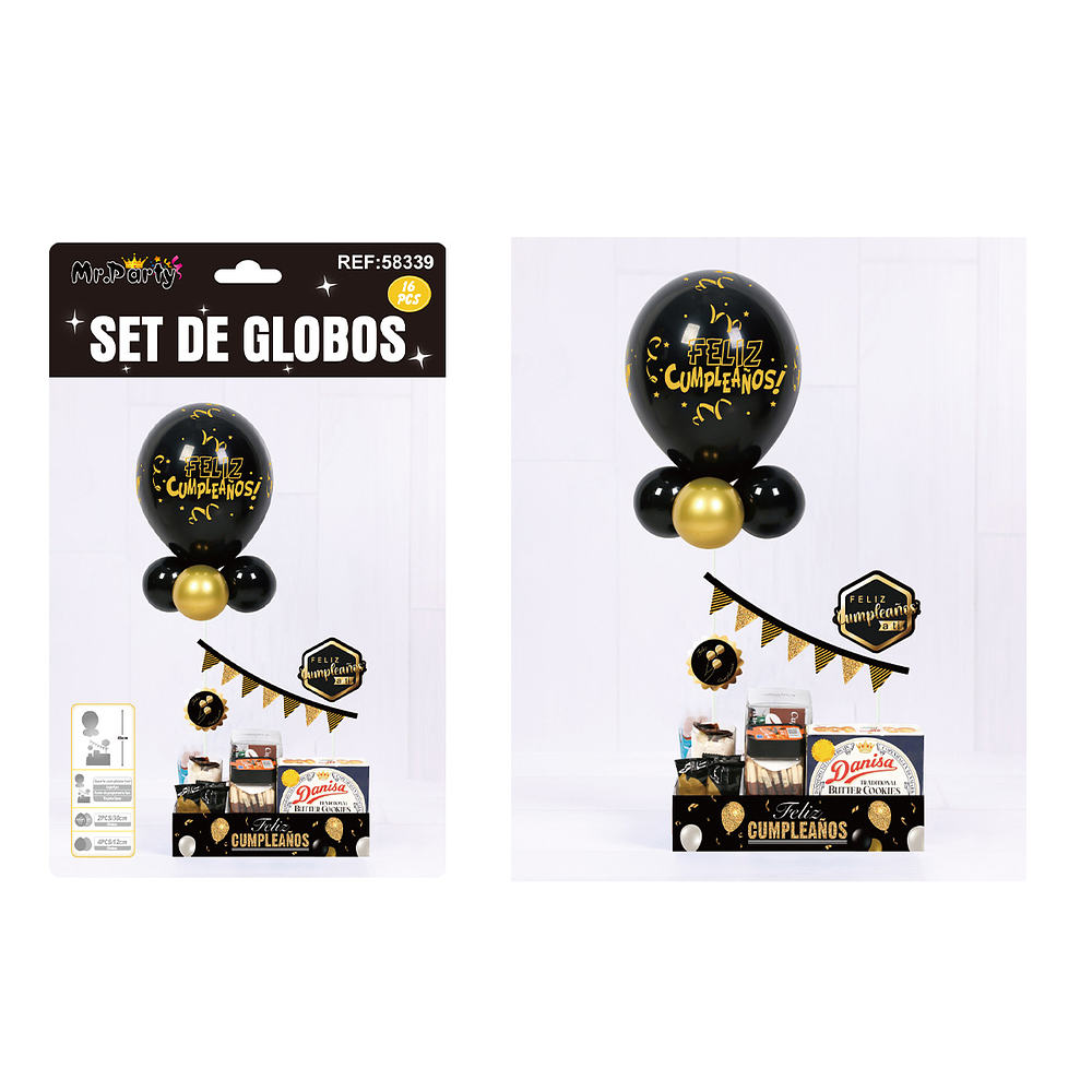 Set de globos látex con soporte de caja solo color negro 16pcs