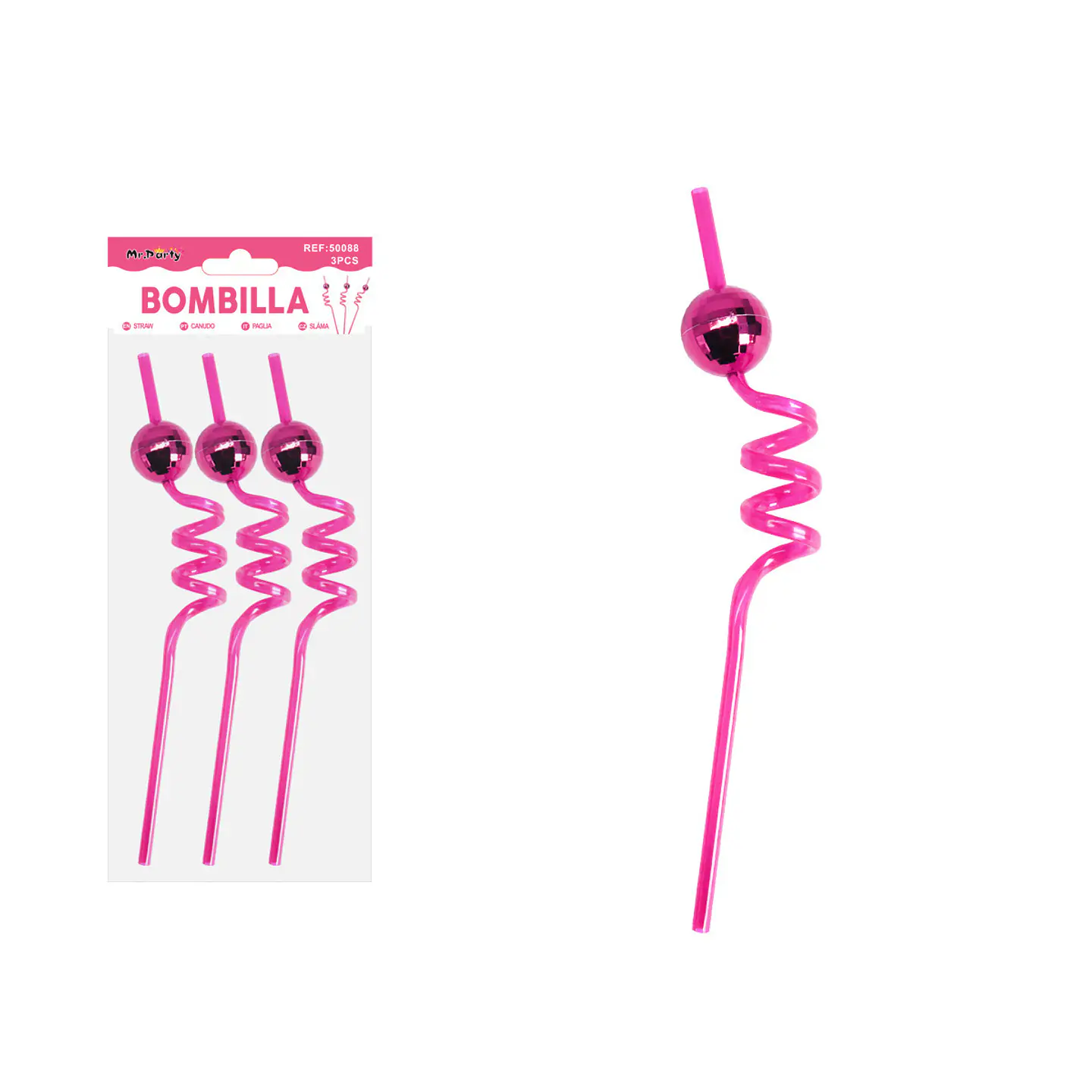 Bombilla con bola espejo fucsia 3pcs 1