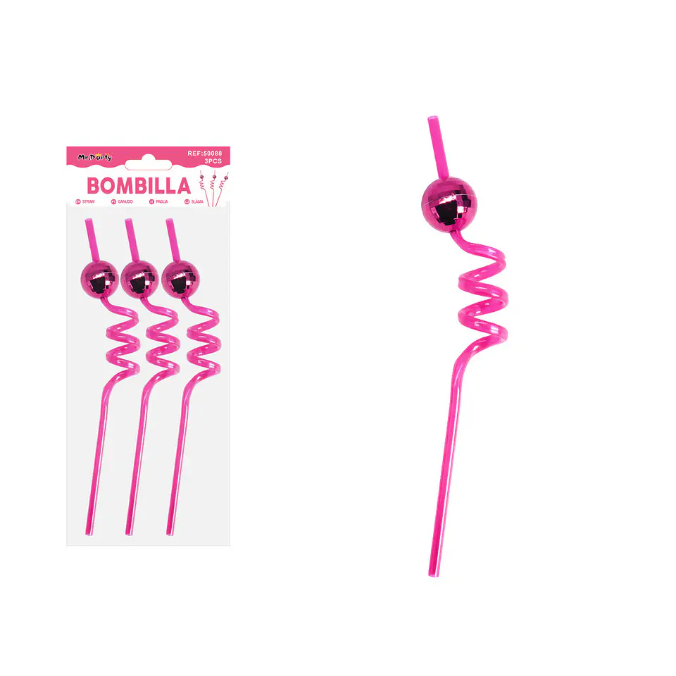 Bombilla con bola espejo fucsia 3pcs 1