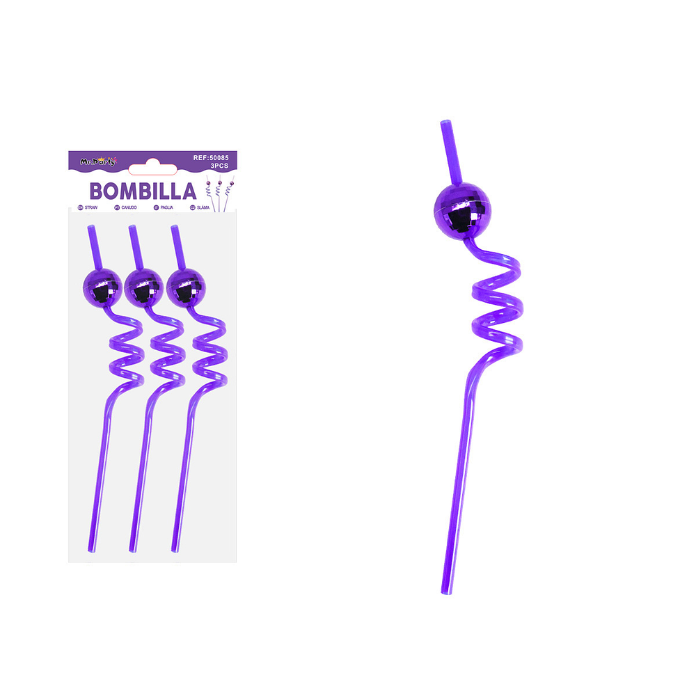 Bombilla con bola espejo morada 3pcs