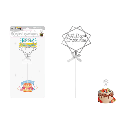 Topper para pastel Feliz Cumpleaños plateado