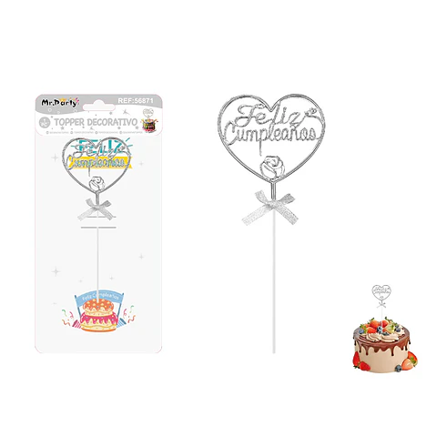 Topper para pastel Feliz Cumpleaños corazón plateado