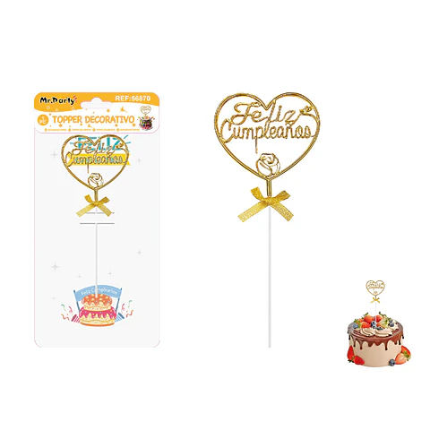Topper para pastel Feliz Cumpleaños corazón dorado