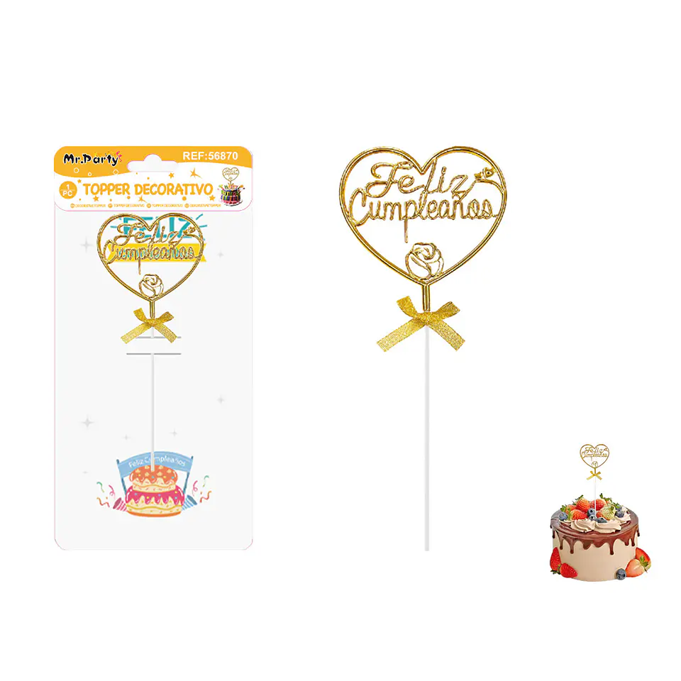 Topper para pastel Feliz Cumpleaños corazón dorado 1