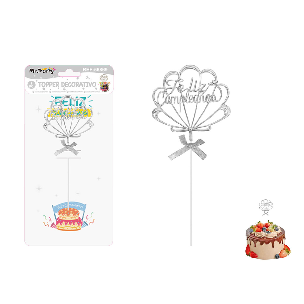 Topper para pastel Feliz Cumpleaños plateado