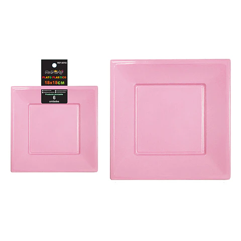 Platos plásticos cuadrados rosas 18*18*h1.9cm 6pcs