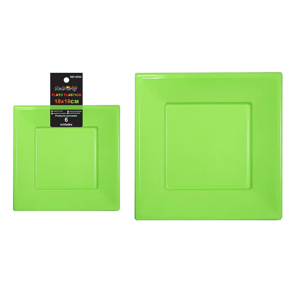 Platos plásticos cuadrados verde manzana 18*18*h1.9cm 6pcs 1