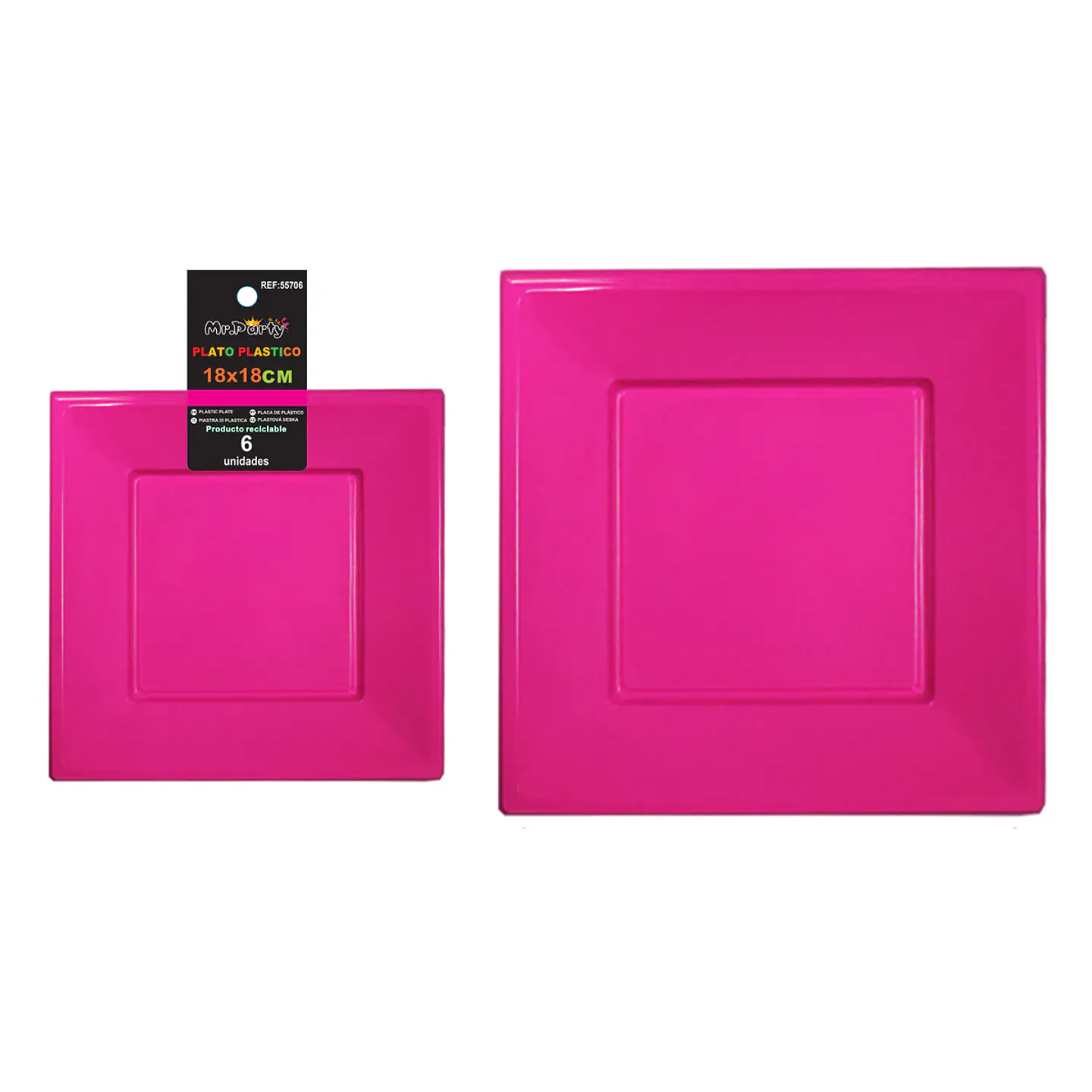 Platos plásticos cuadrados rosa fucsia 18*18*h1.9cm 6pcs 1