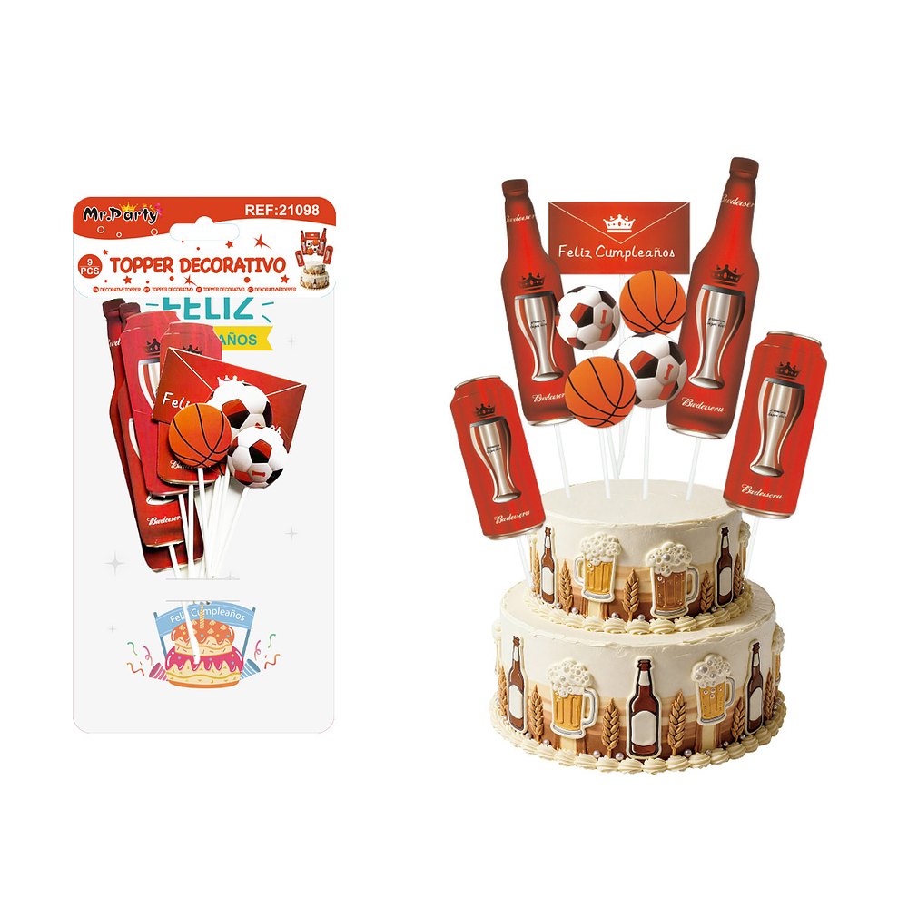 Topper para pastel decorativo cerveza y fútbol 9pcs
