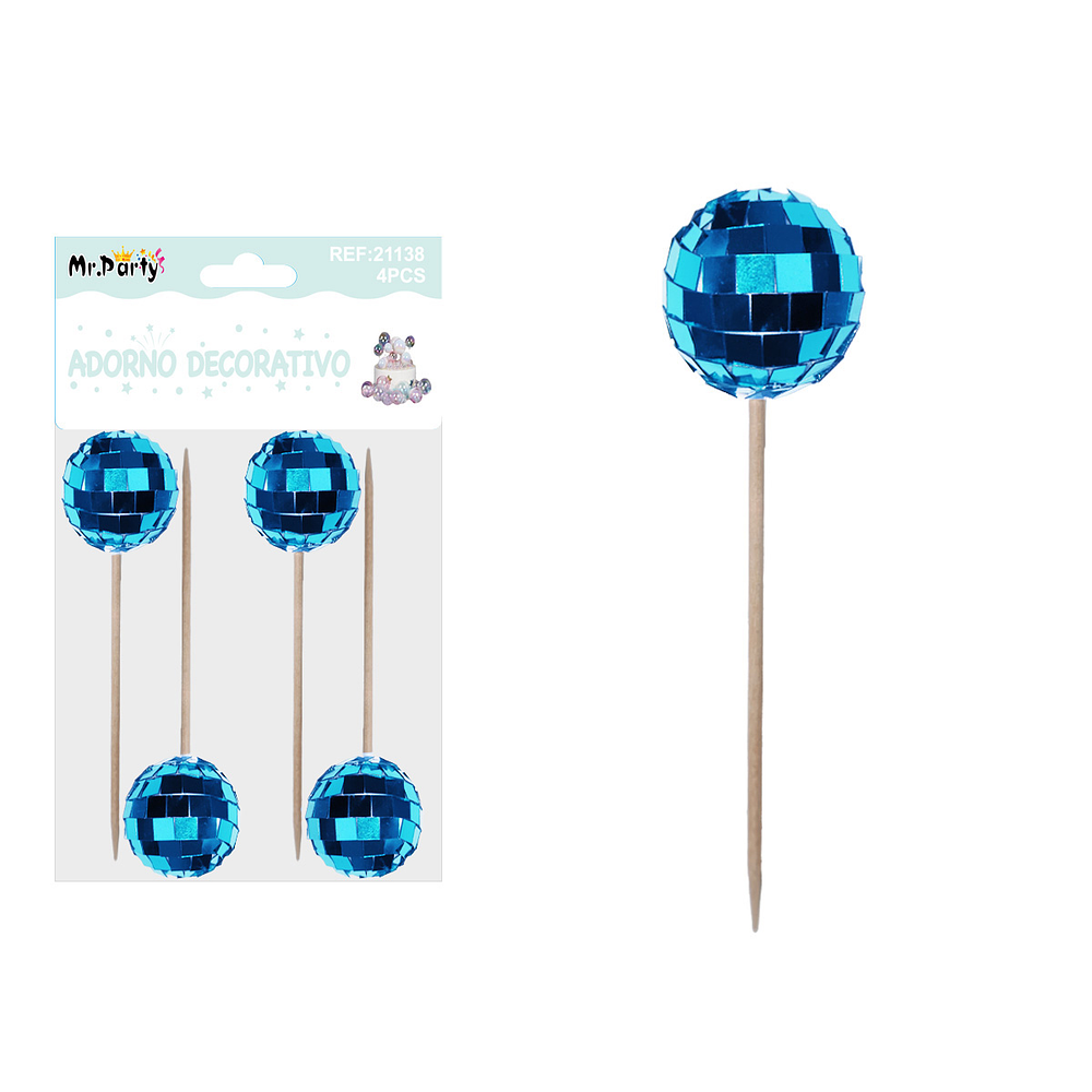 Palillos decorativos para pastel con esfera azul 12cm 4pcs