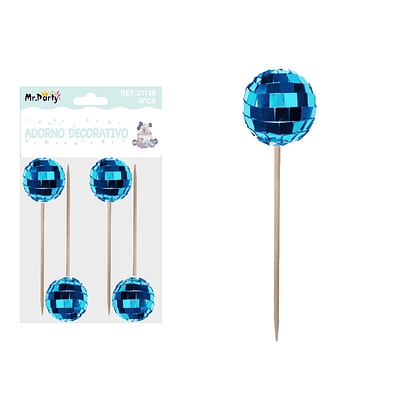 Palillos decorativos para pastel con esfera azul 12cm 4pcs
